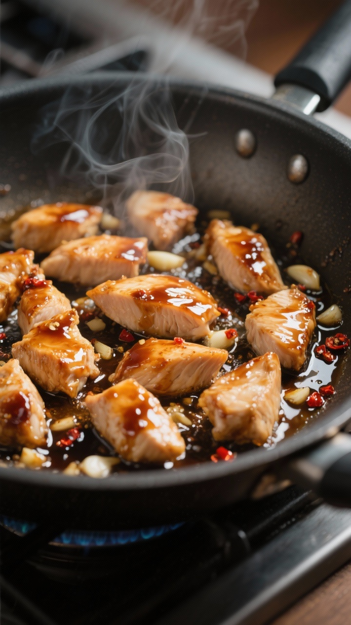 Close-up cooking process: Bite-size chicken breast pieces sizzling in a large skillet as the honey-g