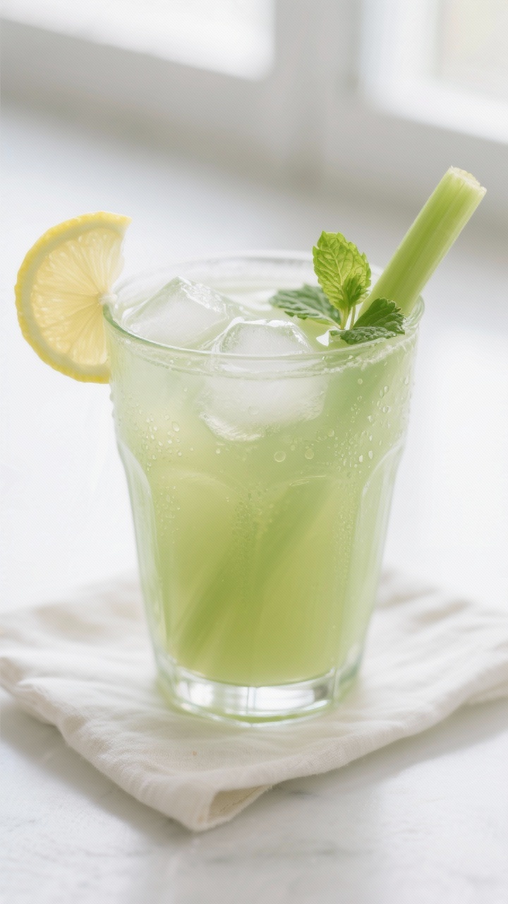 Close-up detail: A chilled glass of Ginger, Celery & Green Apple Anti-Bloat Juice just after straini