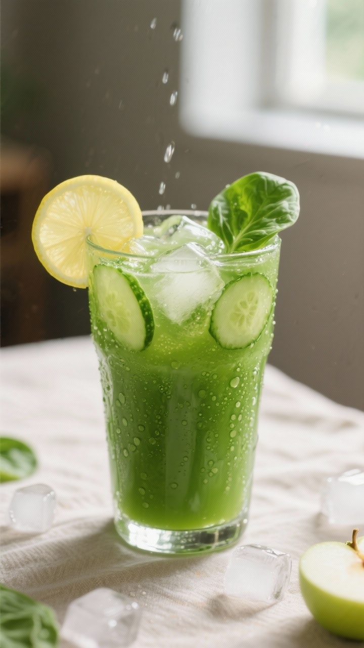 Close-up detail: A chilled glass of kid-friendly sweet green juice (apple, spinach, cucumber, lemon)