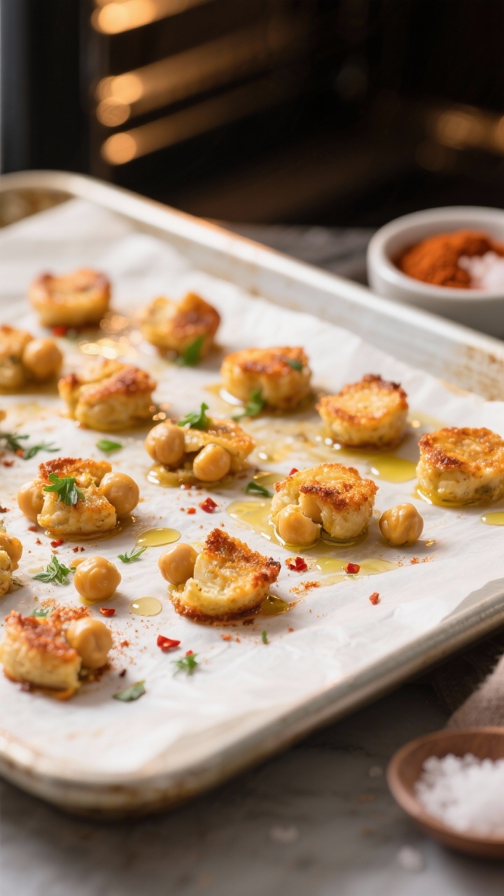 Close-up detail and cooking process: Oven-baked chickpea snack bites on a parchment-lined sheet pan 