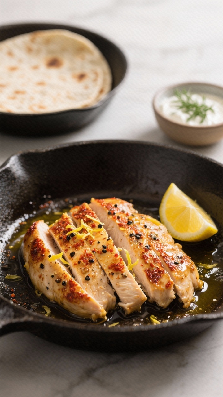 Close-up detail and cooking process: Sliced lemon-pepper chicken just off the skillet, glistening wi