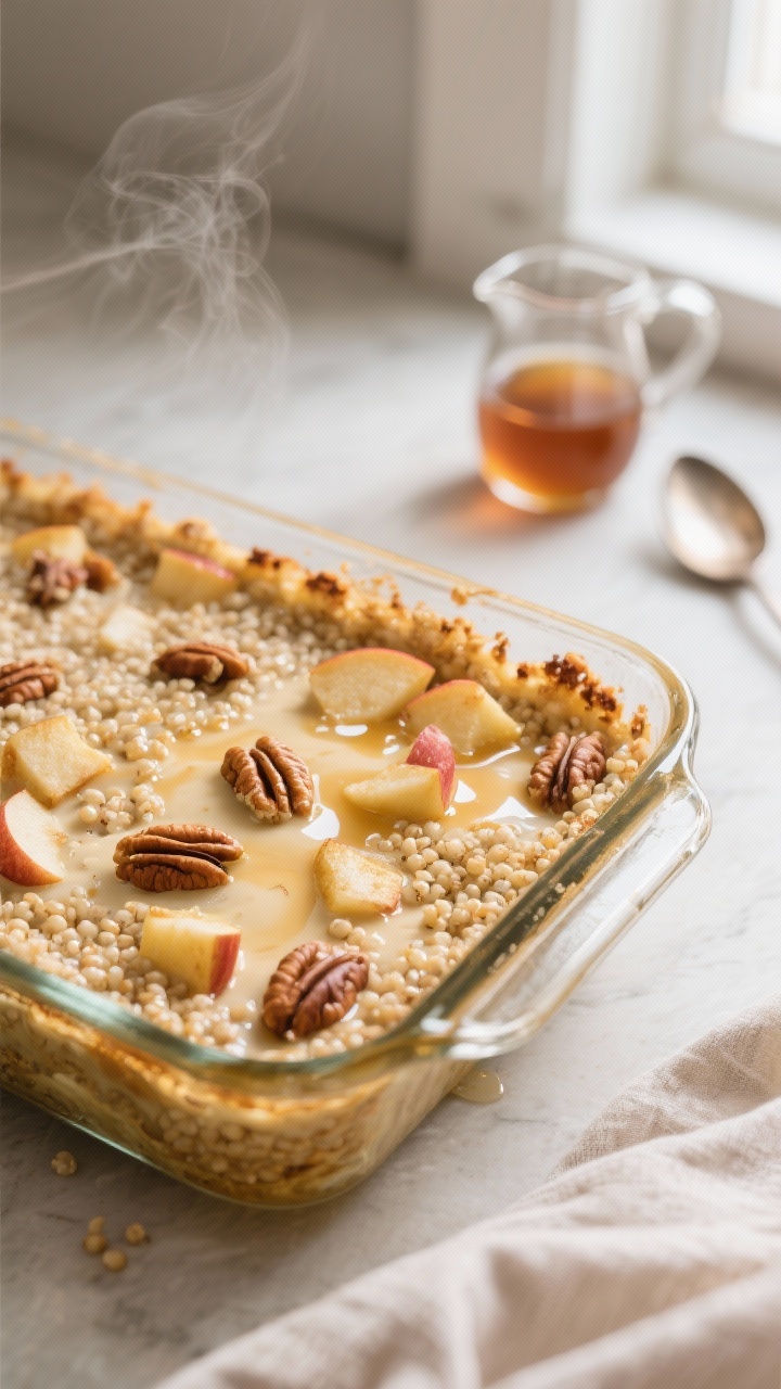 Close-up detail/cooking process: A custardy quinoa breakfast bake just out of the oven in an 8x8 gla