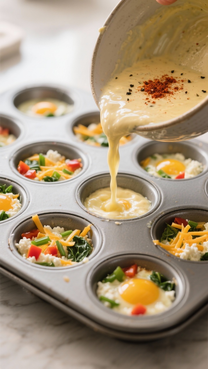 Close-up detail, cooking process: Cottage cheese egg muffin batter being poured from a spouted bowl 