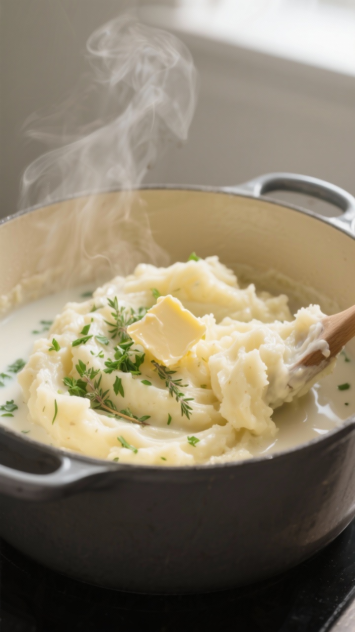 Close-up detail/cooking process: Fluffy mashed potatoes being folded with warm herb-infused milk and