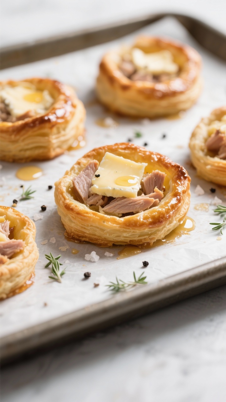 Close-up detail, cooking process: Honey Mustard Turkey & Brie Puff Pastry bites just out of the oven
