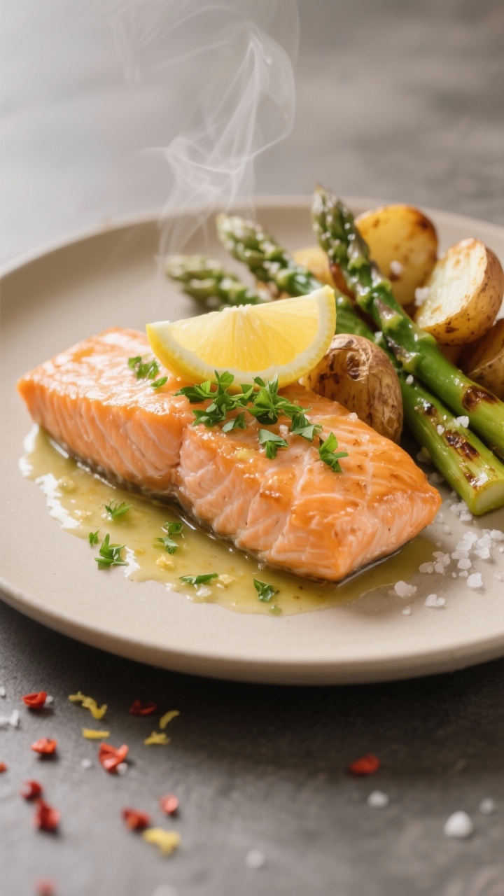 Close-up detail of a plated serving: flaky salmon fillet brushed with lemon-garlic sauce, visibly mo