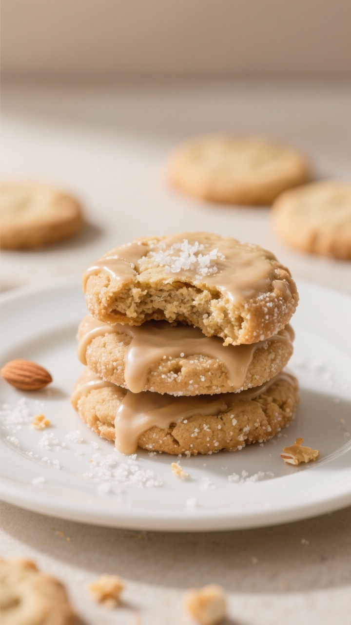 Close-up detail of a stack of three gluten-free almond butter sugar cookies on a matte white dessert