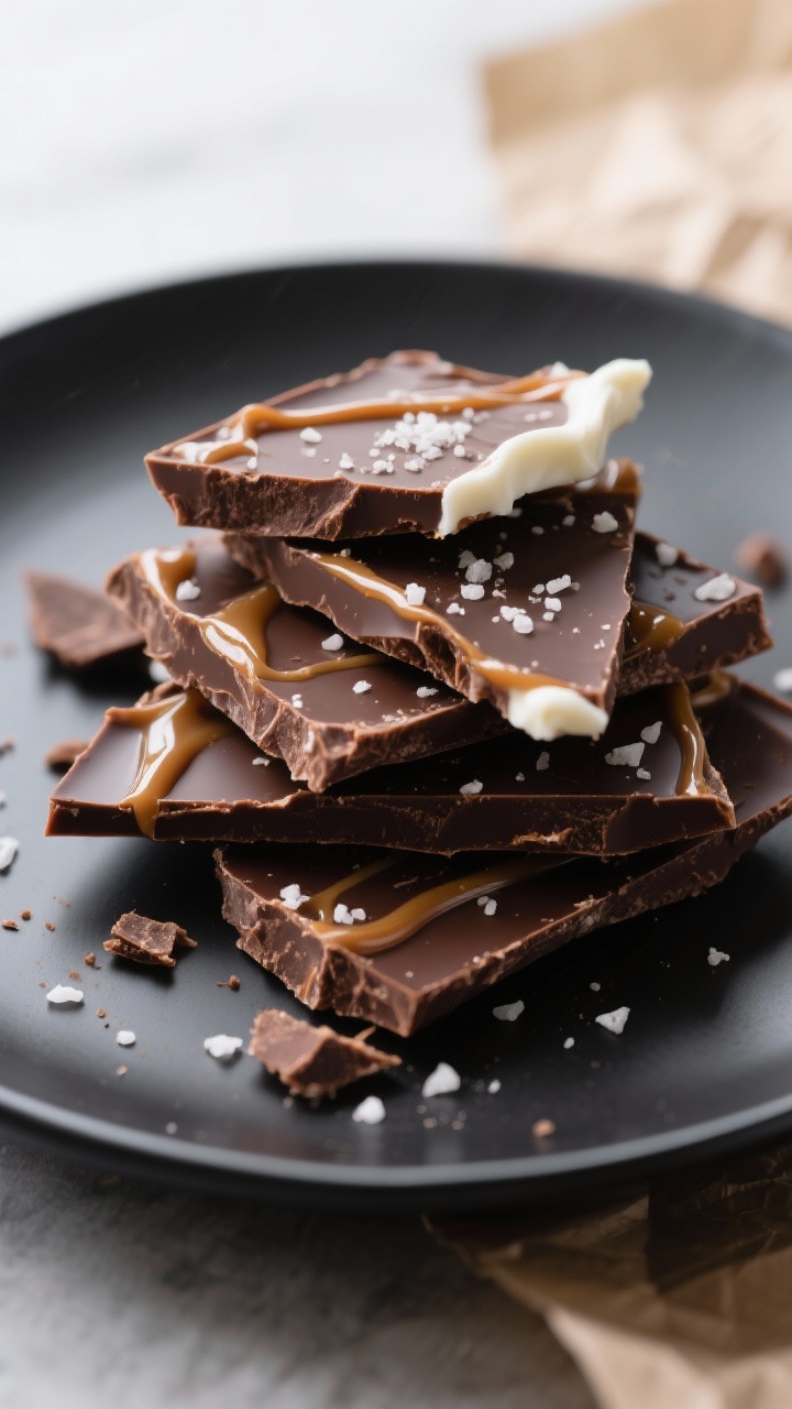 Close-up detail of broken shards of Gluten Free Salted Caramel Chocolate Bark stacked on a matte bla
