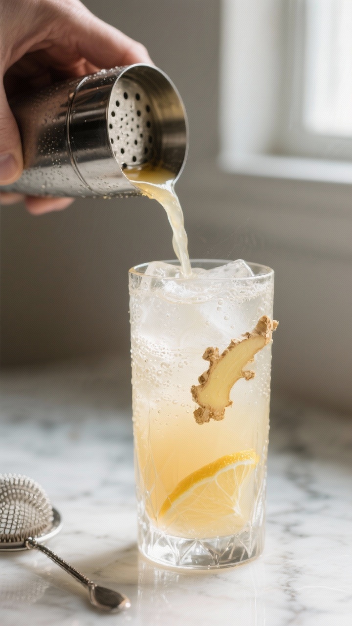 Close-up detail, process shot: A chilled cocktail shaker just opened, pouring the pale golden honey-