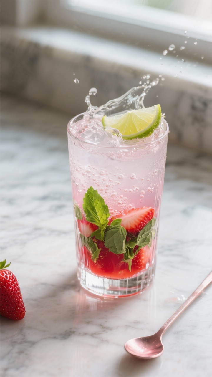 Close-up detail/process shot: A crystal-clear highball glass on a marble counter with the muddled st