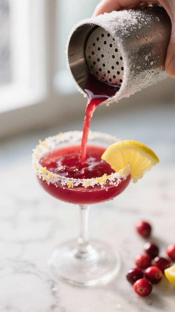 Close-up detail/process shot: A frosty cocktail shaker mid-pour straining the deep ruby Cranberry Le