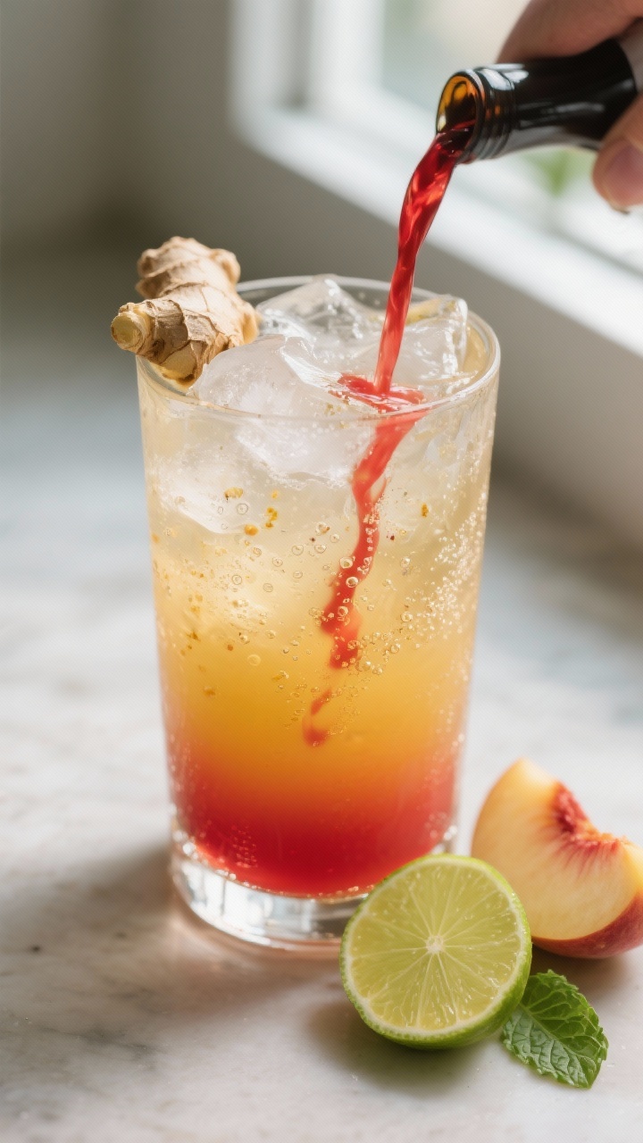 Close-up detail/process shot: A high-angle, tight crop of a tall Collins glass mid-build showing the