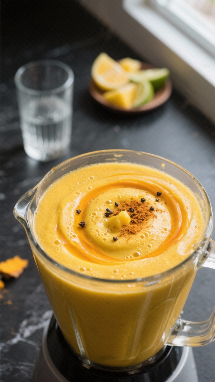 Close-up detail/process shot: Golden turmeric mango smoothie swirling mid-blend in a clear high-spee