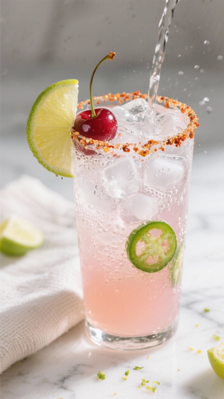 Close-up detail shot: A chilled highball glass filled with crystal-clear pebble ice, pale blush-pink