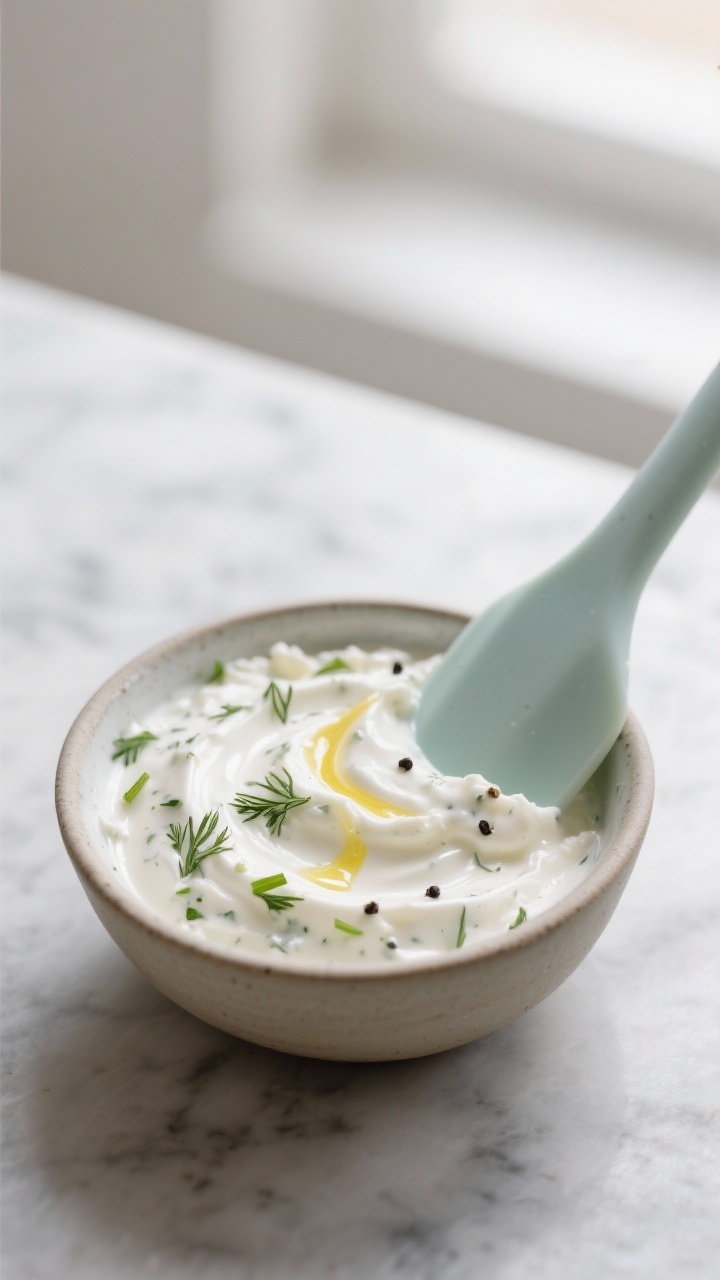 Close-up detail shot: A small ceramic bowl of creamy cottage cheese ranch dip just out of the blende