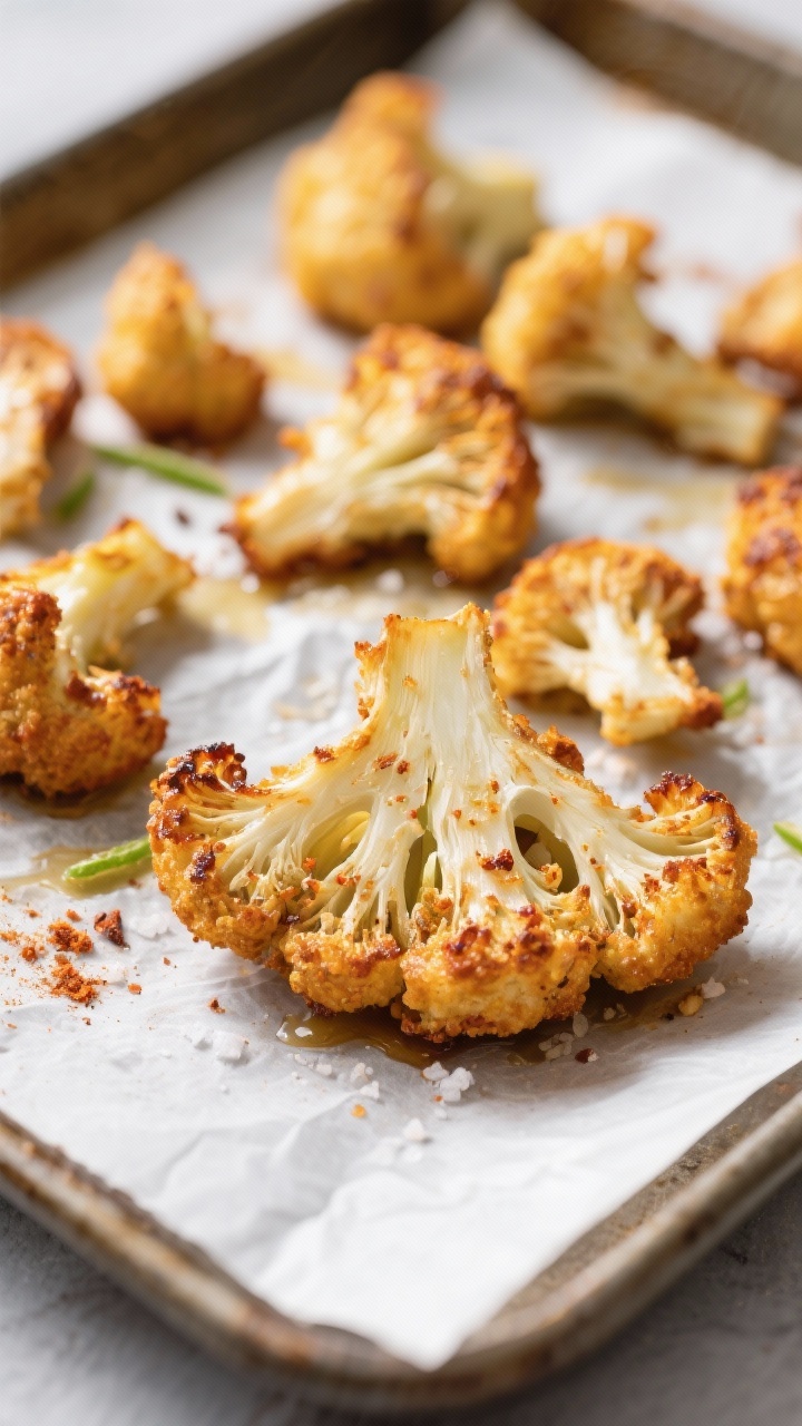 Close-up detail shot: Crispy roasted cauliflower florets just out of the oven on a parchment-lined b