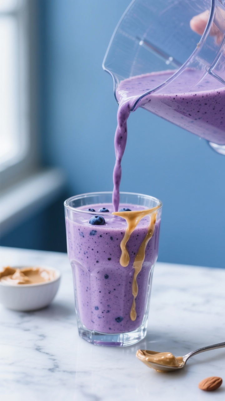 Close-up detail shot of a freshly blended blueberry almond butter smoothie being poured from a glass