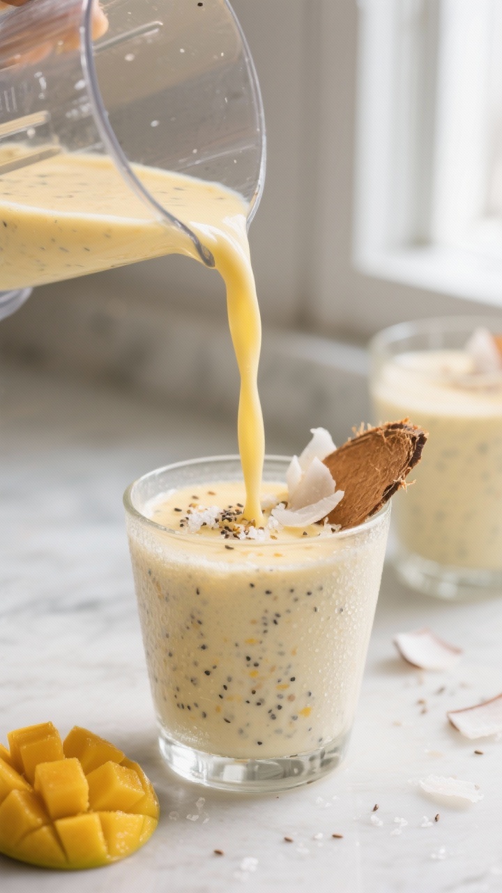 Close-up detail shot of a thick, creamy mango coconut smoothie being poured from a blender into a ch