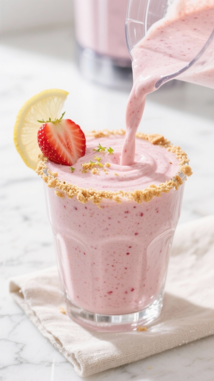 Close-up detail shot of a thick, freshly blended High Protein Strawberry Cheesecake Smoothie being p