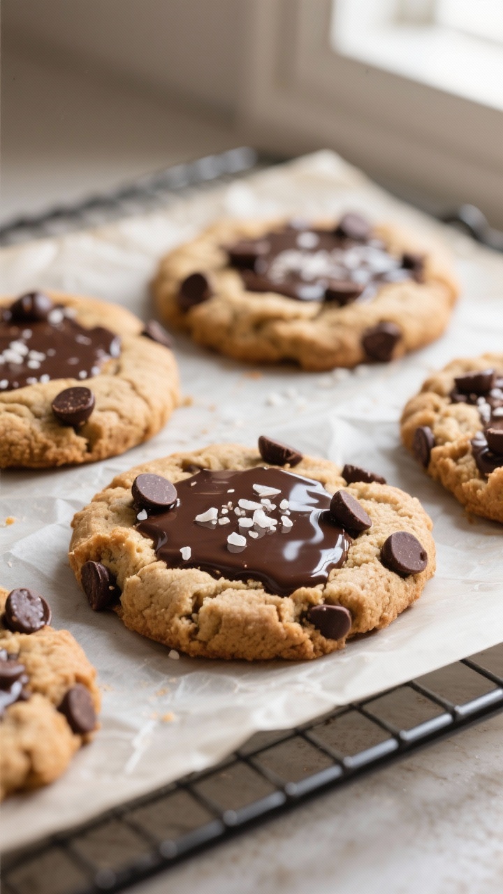 Close-up detail shot of freshly baked gluten-free chocolate chip protein cookies cooling on a parchm