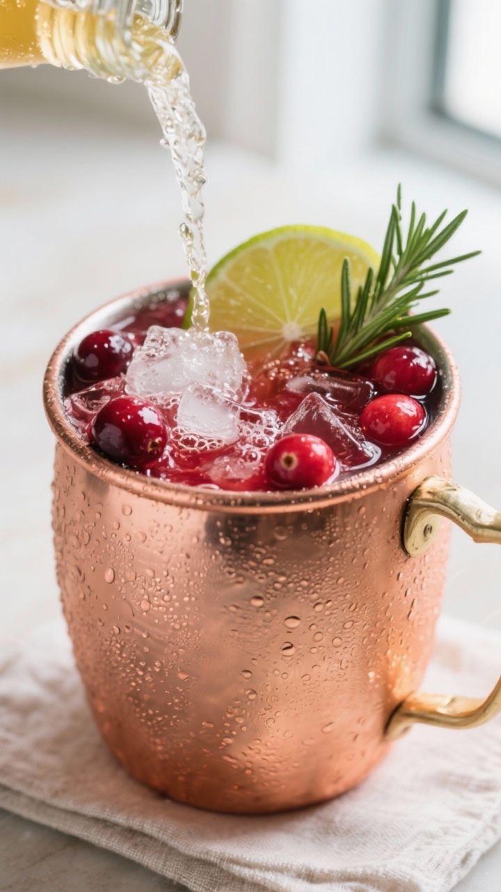 Close-up detail shot of the finished Cranberry Rosemary Mocktail Mule in a frosted copper mug packed
