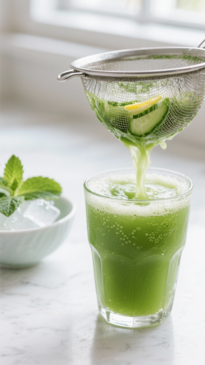 Close-up detail shot of the finished Spinach, Lemon & Cucumber Refreshing Juice being strained throu