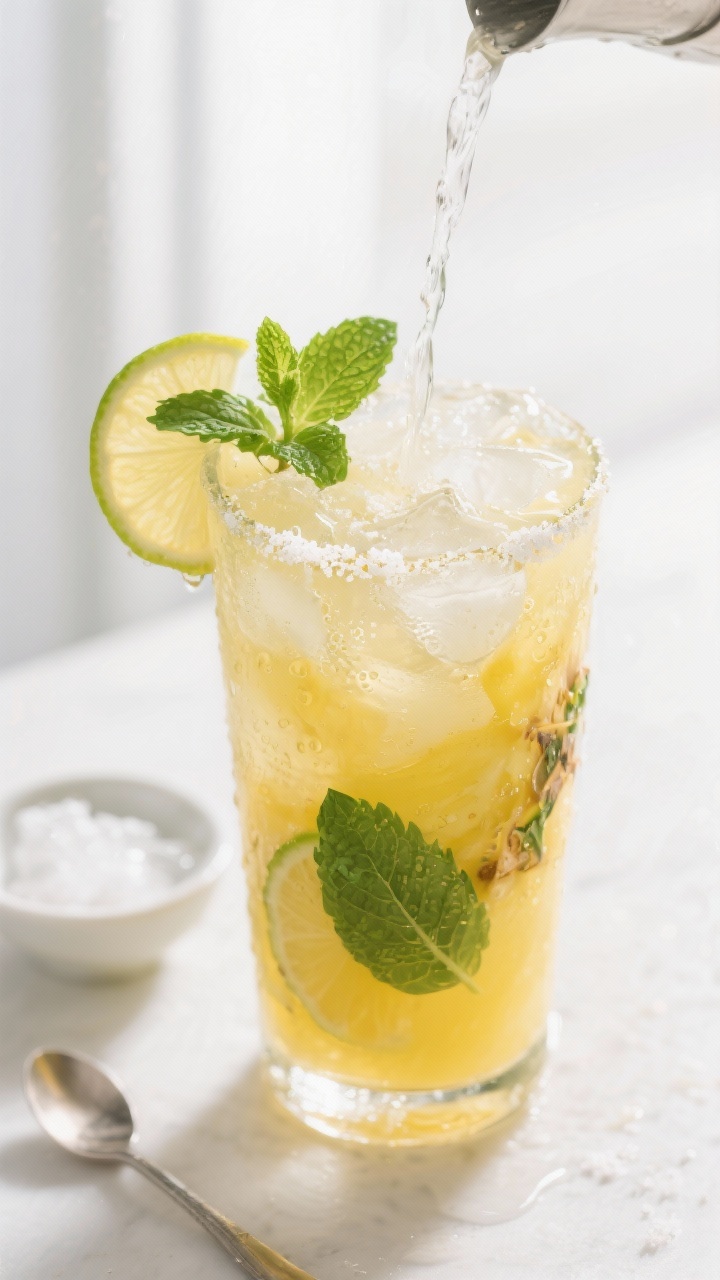 Close-up detail shot of the prepared Pineapple Mint Hydration Mocktail base being finished in the gl