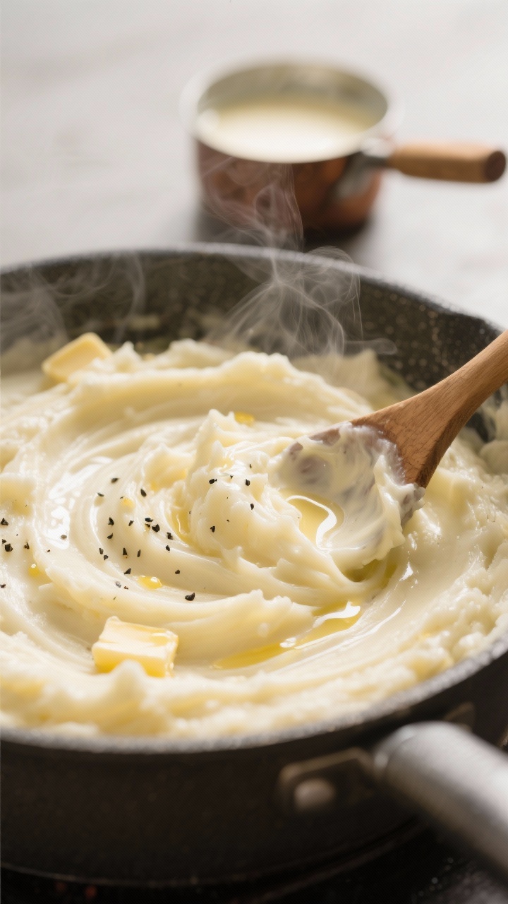 Close-up detail shot of ultra-creamy mashed potatoes being gently folded with warm melted butter-mil