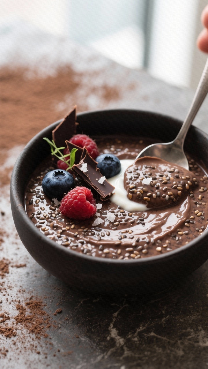 Close-up detail shot: Thick, creamy chocolate chia pudding just after chilling, glistening surface w