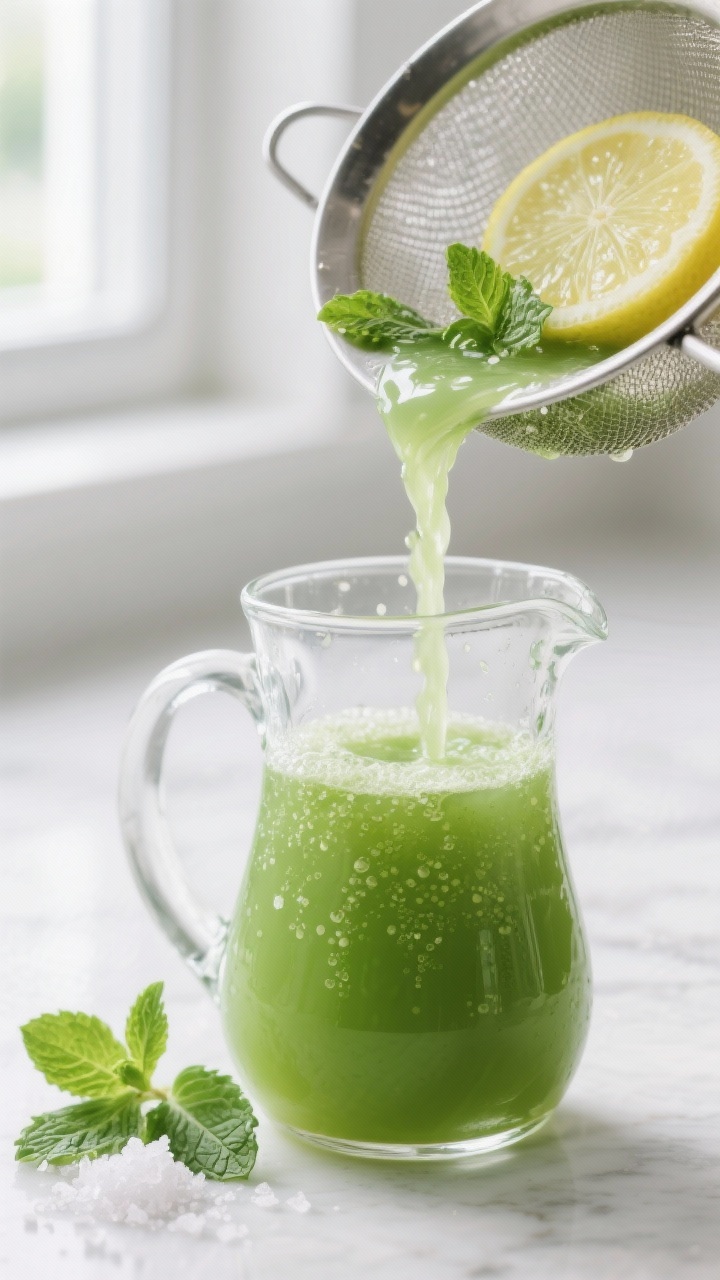 Close-up detail: Silky, strained minty green juice being poured through a fine-mesh strainer into a 