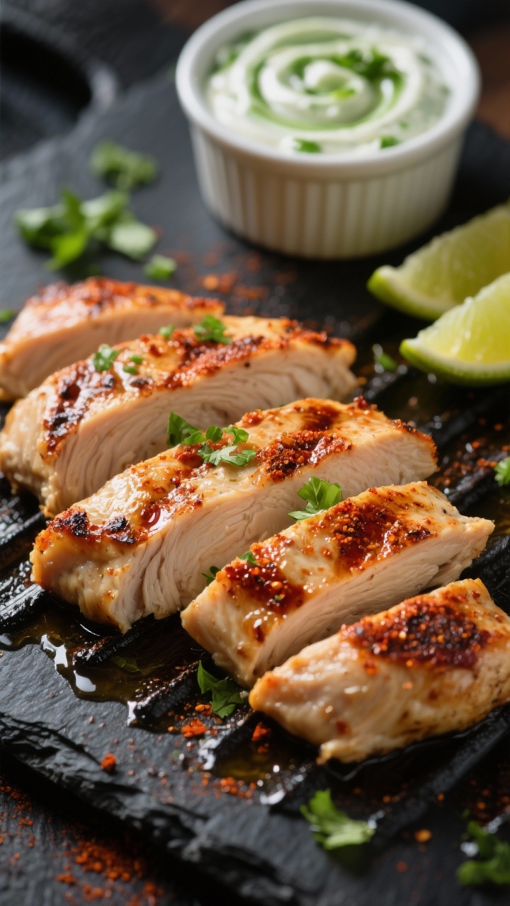 Close-up detail: Sliced chili-lime chicken fresh off the grill pan, glistening with olive oil and sm