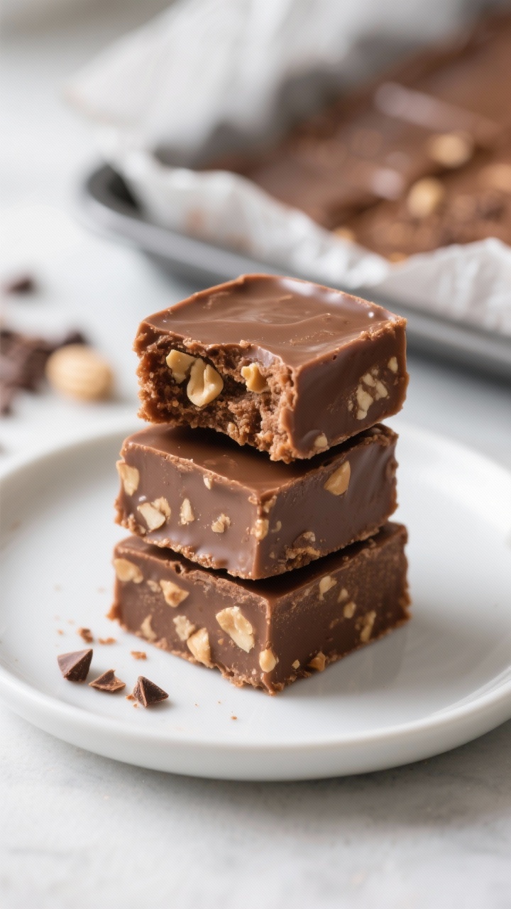 Close-up detail, three fudge squares stacked on a small matte white plate, showing ultra-smooth, fud