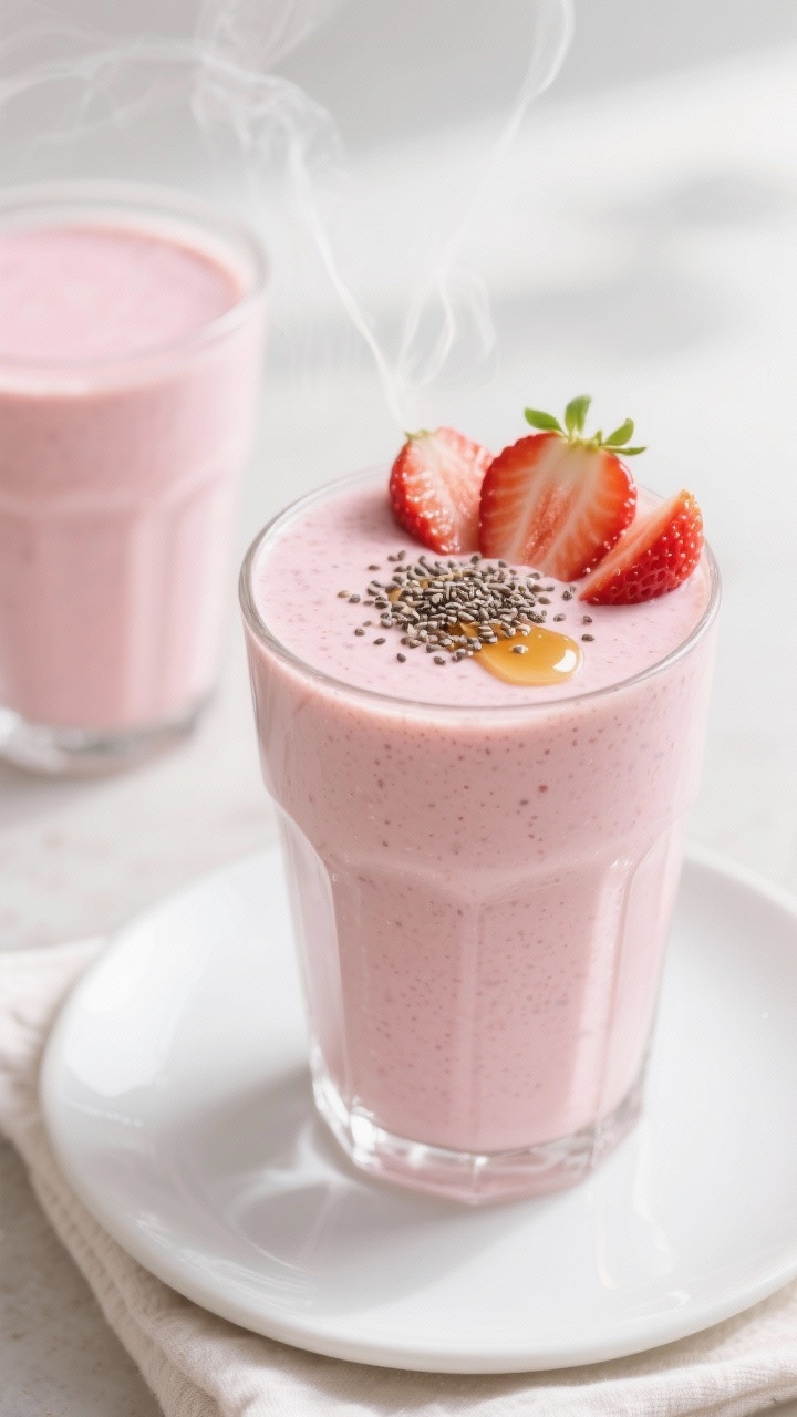 Close-up final presentation of a strawberry vanilla protein smoothie poured into a chilled tall glas