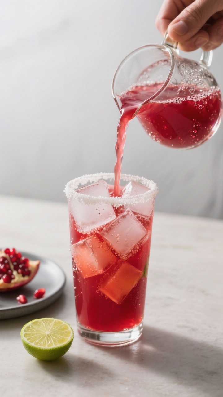 Close-up process scene of the chilled base being poured from a small glass pitcher into an ice-fille