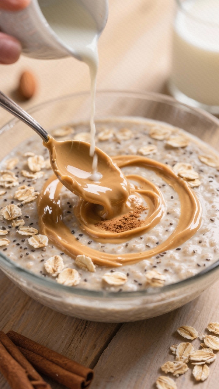Close-up, shallow depth-of-field process shot of the oats mixture right after stirring in protein an