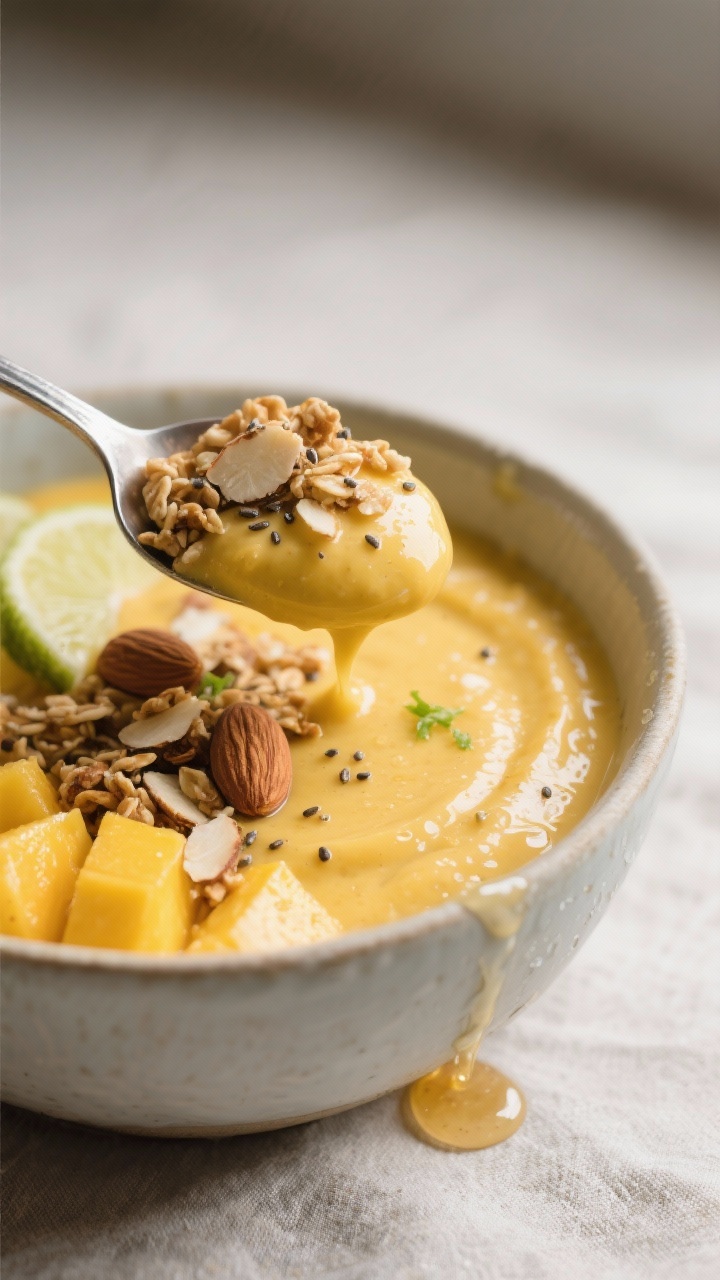 Close-up, three-quarter angle of the smoothie bowl being finished: a glossy, moundable scoop held on