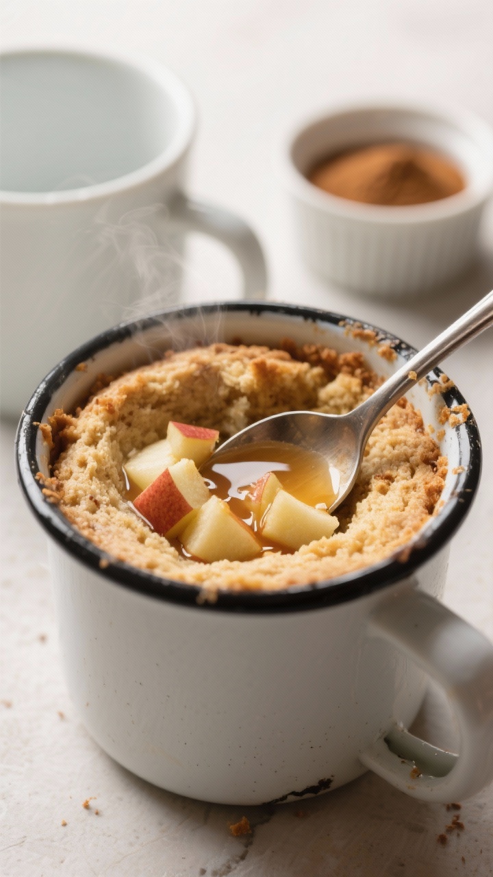 Close-up, three-quarter angle process shot showing the mug cake just after microwaving, spoon breaki