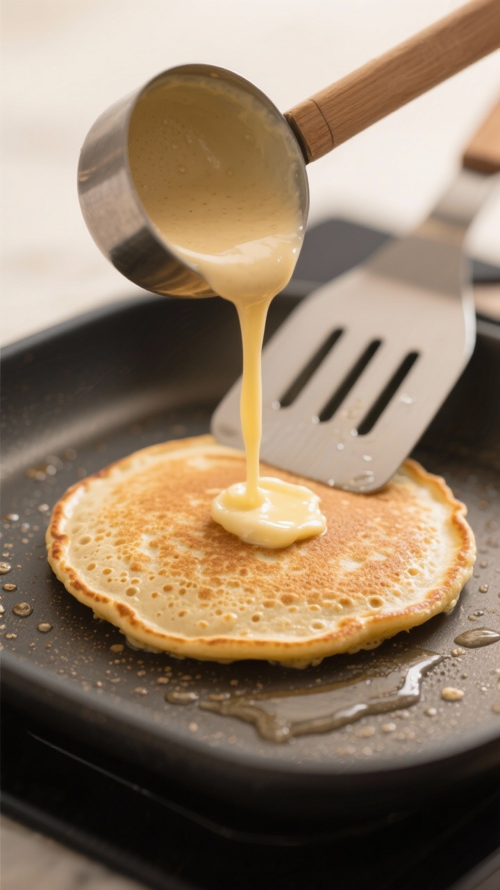 Cooking process close-up: A 1/4-cup pour of blender almond flour protein pancake batter forming perf