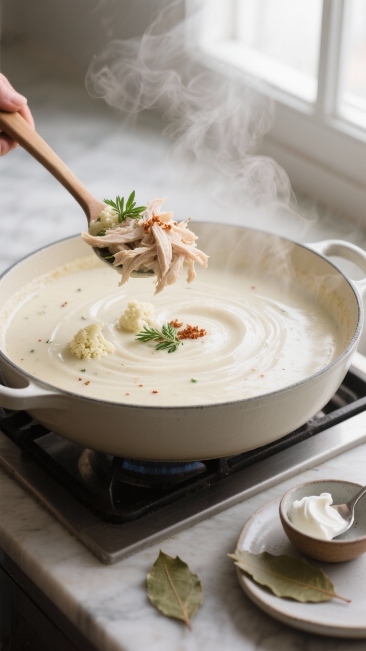 Cooking process close-up: A large Dutch oven on the stove with the blended, velvety cauliflower soup