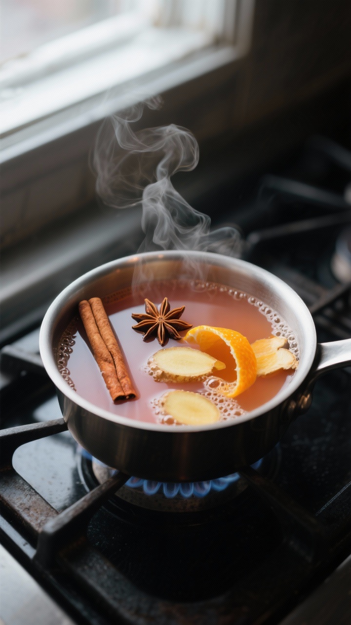 Cooking process close-up: A small saucepan of the prepared spiced mocktail base just off the heat, s