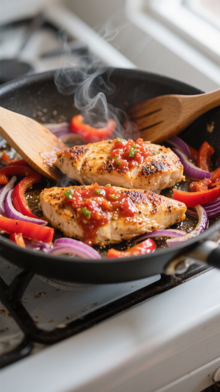 Cooking process close-up: Bite-size taco-seasoned chicken breast searing in a wide skillet with a gl