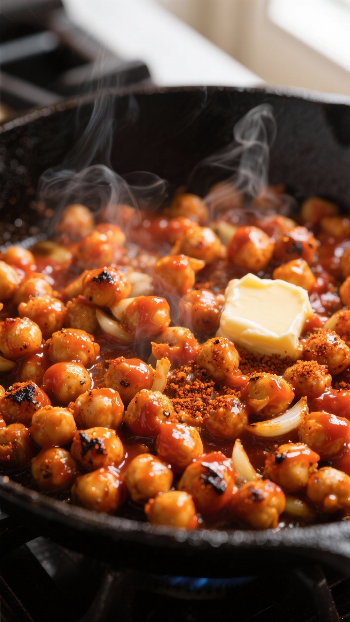 Cooking process close-up: Buffalo-glossed chickpeas sizzling in a dark cast-iron skillet, lightly cr