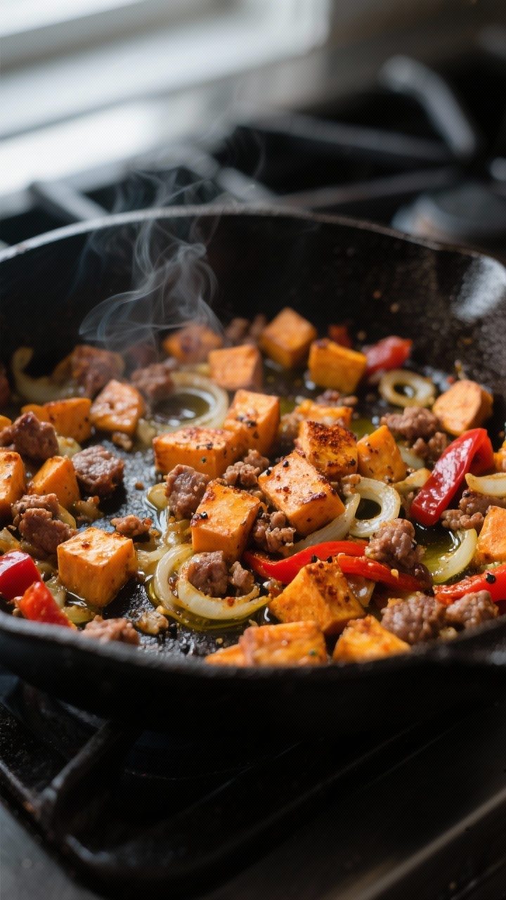 Cooking process, close-up: Close-up of sweet potato breakfast hash crisping in a large cast-iron ski
