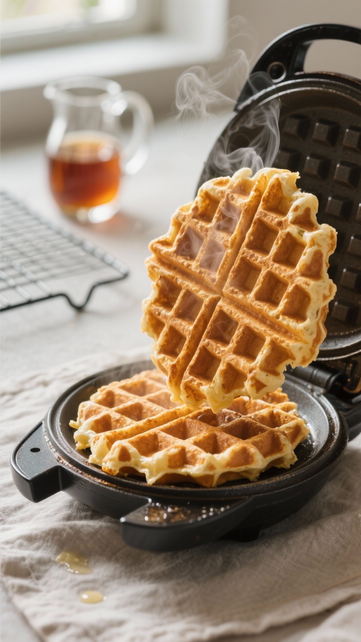 Cooking process, close-up detail: Golden protein waffle lifting from a hot waffle iron, steam gently