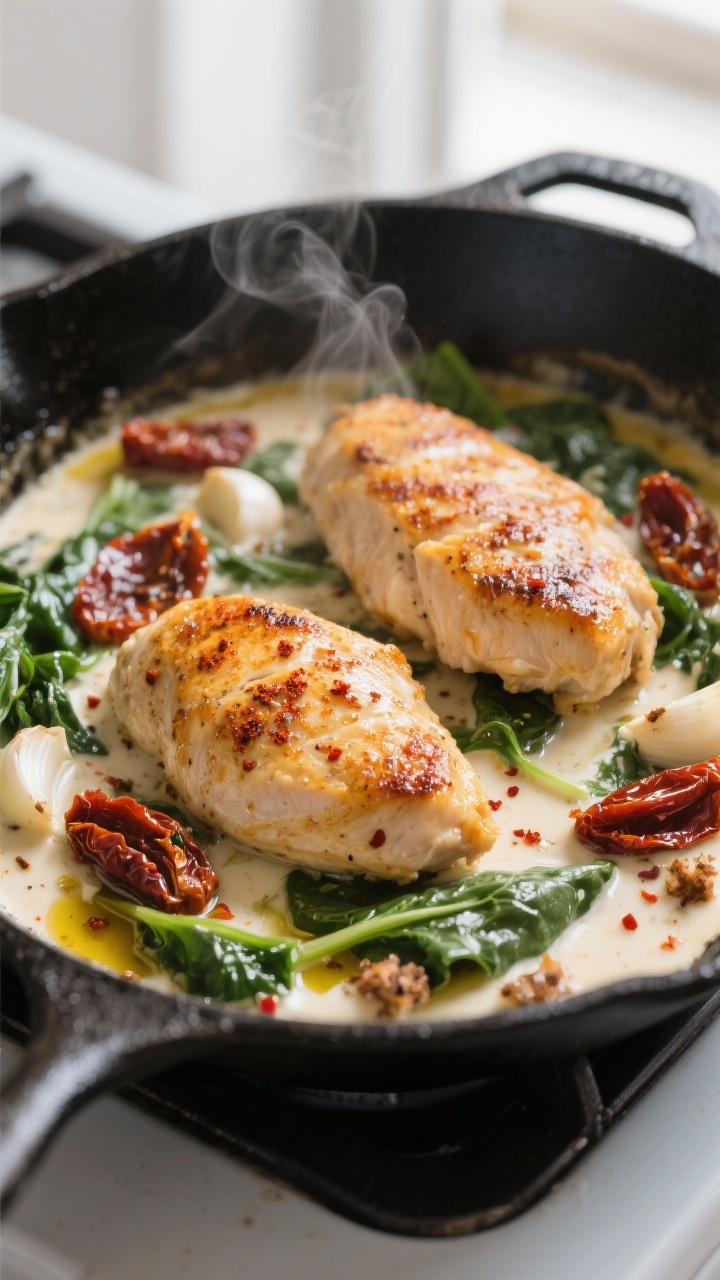 Cooking process, close-up detail: Golden-seared chicken cutlets nestled in a skillet as the creamy T