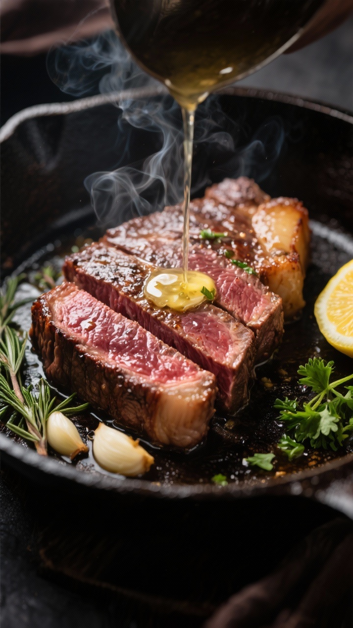 Cooking process, close-up detail: Sliced medium-rare steak being basted in a hot cast-iron skillet i