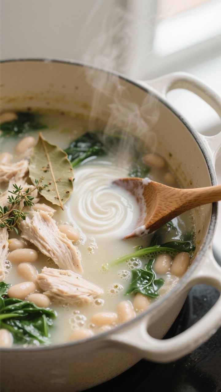 Cooking process, close-up detail: Steaming pot of creamy white bean chicken soup mid-simmer, capture