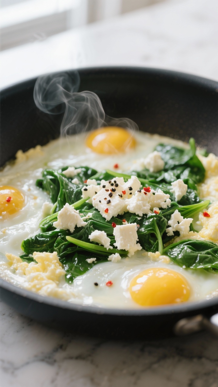 Cooking process close-up: Soft-scrambled egg whites setting in a nonstick skillet with wilted spinac