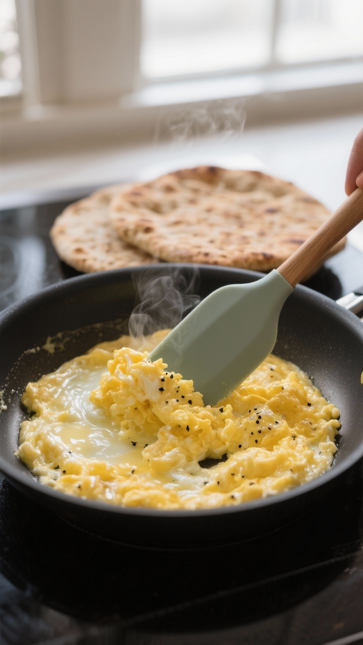 Cooking process close-up: Soft-scrambled eggs just set and creamy being pushed gently across a nonst