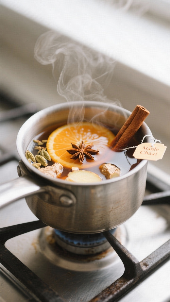 Cooking process, cozy close-up: A small stainless pot on the stovetop with the Maple Orange Chai Moc